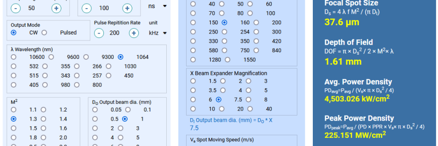 Laser Spot Size and Power Density Calculator